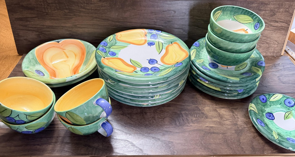Bob Mackie Ceramic Dinnerware Set Fruit Pear Blueberry Plates Bowls Multicolor
