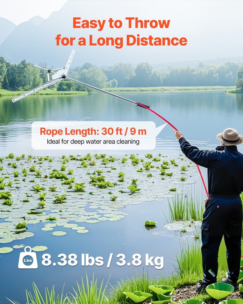 48in Rust-Resistant Lake Weed Cutter w/ Adjustable Width & 30ft Nylon Rope