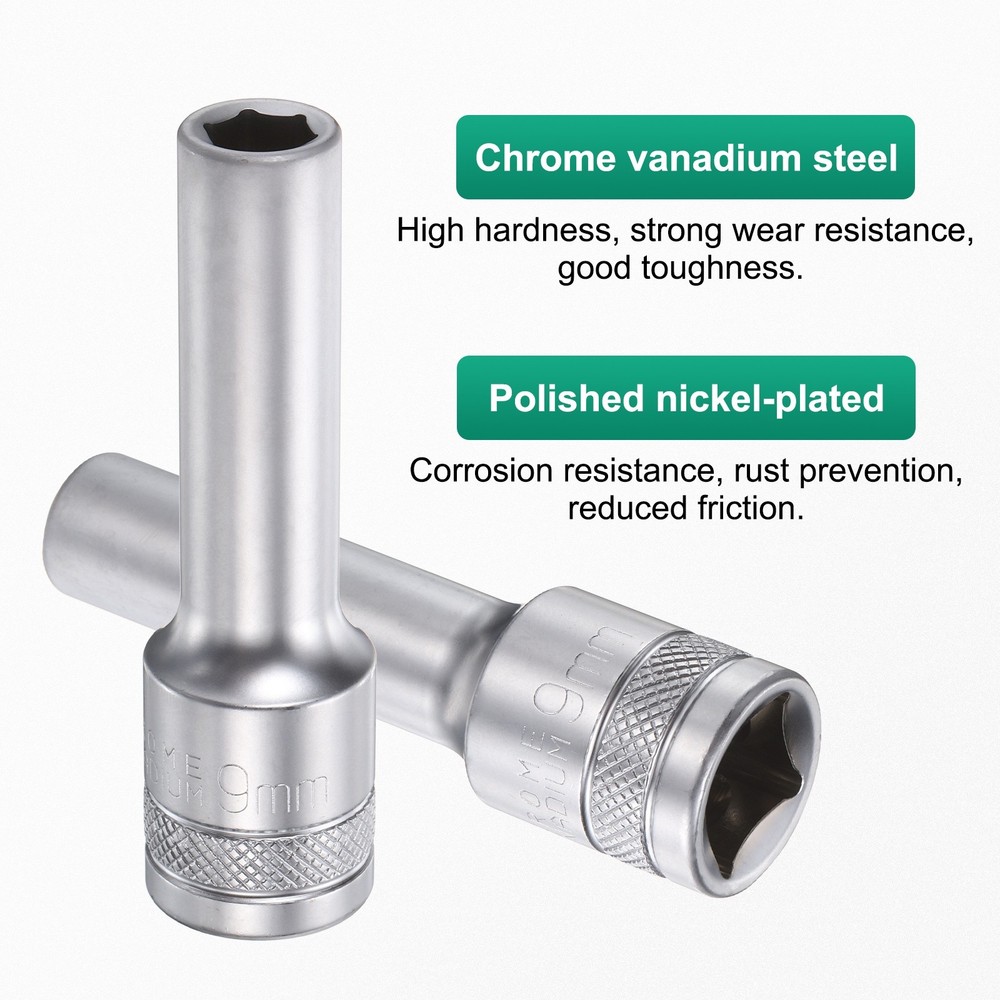 3pcs 6 Points Deep Socket 1/2" Drive 9mm Nickel Plating Hex Socket 3.1" Long