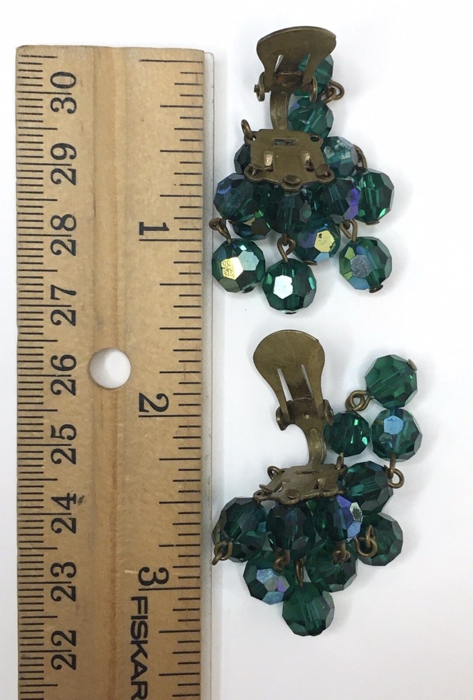 Dark Green AB Cluster Dangle Earrings Clip On Style Luster Sparkle