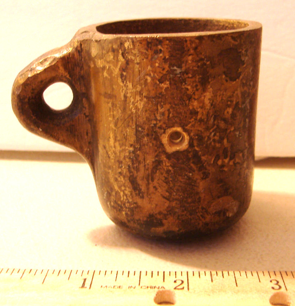 VINTAGE~SMALL HEAVY METAL HANDLE CUP~ROUNDED BOTTOM~OPENING ON SIDE