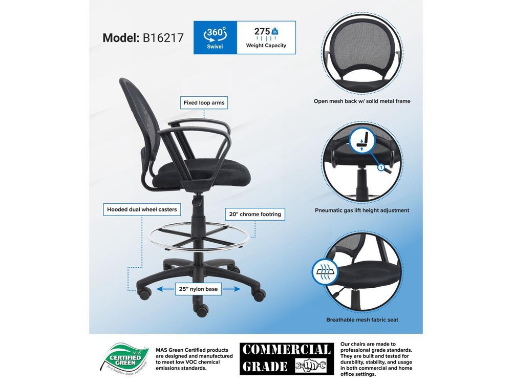 Boss B16217 Mesh Drafting Stool with Loop Arms