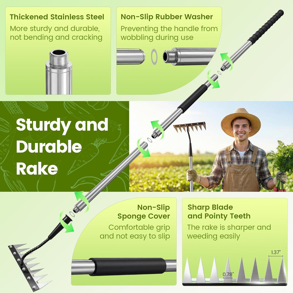 Heavy-Duty Iron Weeding Rake with Long Handle - 8 Teeth Manual Tool