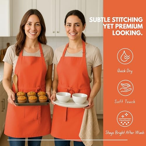Kitchen Apron 2 Pack - 100% Cotton Adjustable, Durable Apron with Orange