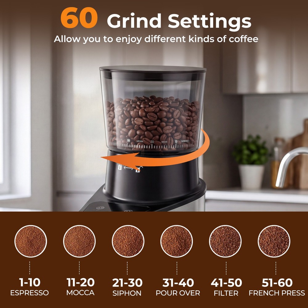Coffee Grinder, Electric Coffee Bean Grinder with 60 Precise Grinding Settings