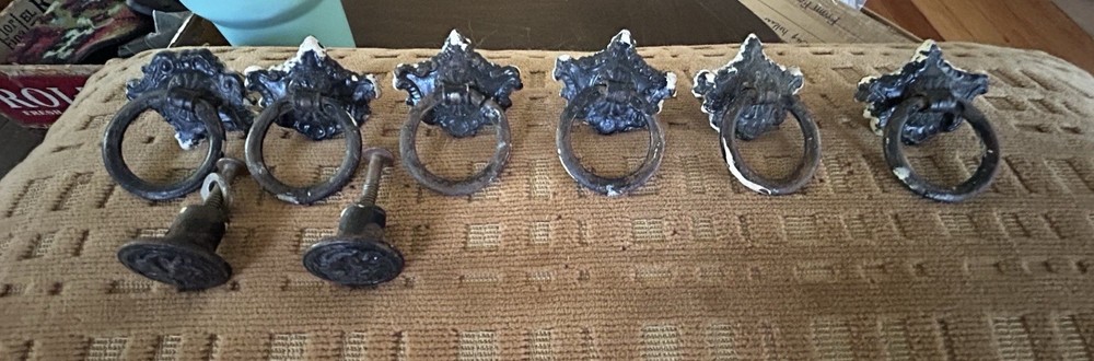 6 Antique Victorian Era  Drawer Pulls And 2 Round Drawer Pulls