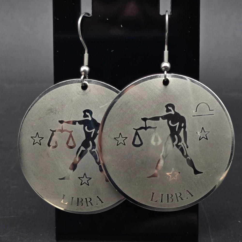 Libra Zodiac Symbol Earrings Silver Tone Discs Round Dangle Drop