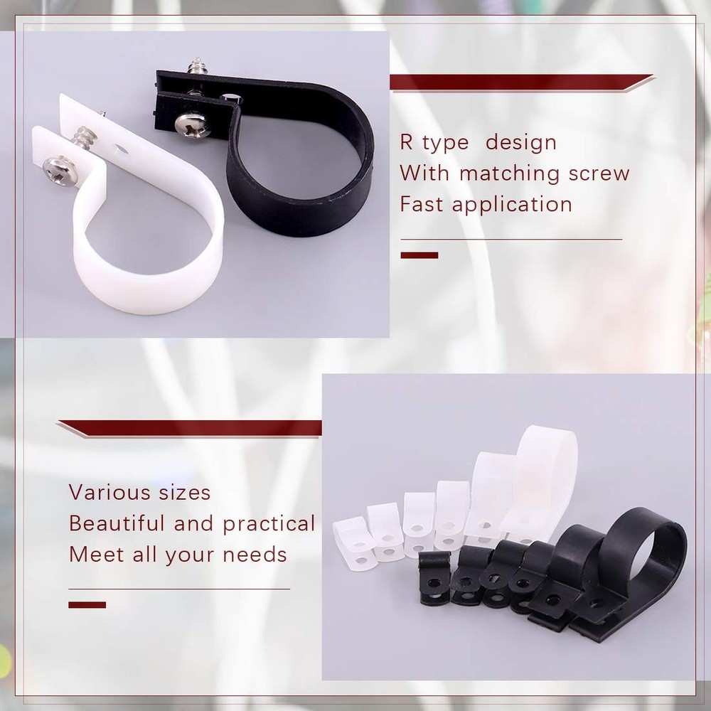 132 PCS 6 Size Black White Plastic Cable Clamp R Type Screw Mount Fastener