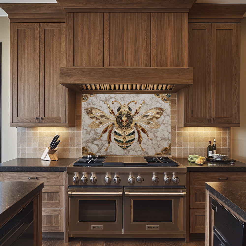 Gold Marble Look Bee Print Backsplash, Tempered Glass Kitchen Backsplash