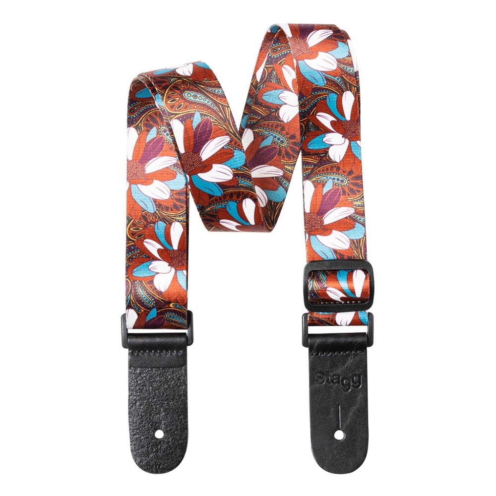 Stagg STE UKEFLOW BRW Terylene Uke Ukulele Strap w/ Brown & Blue Flower Pattern
