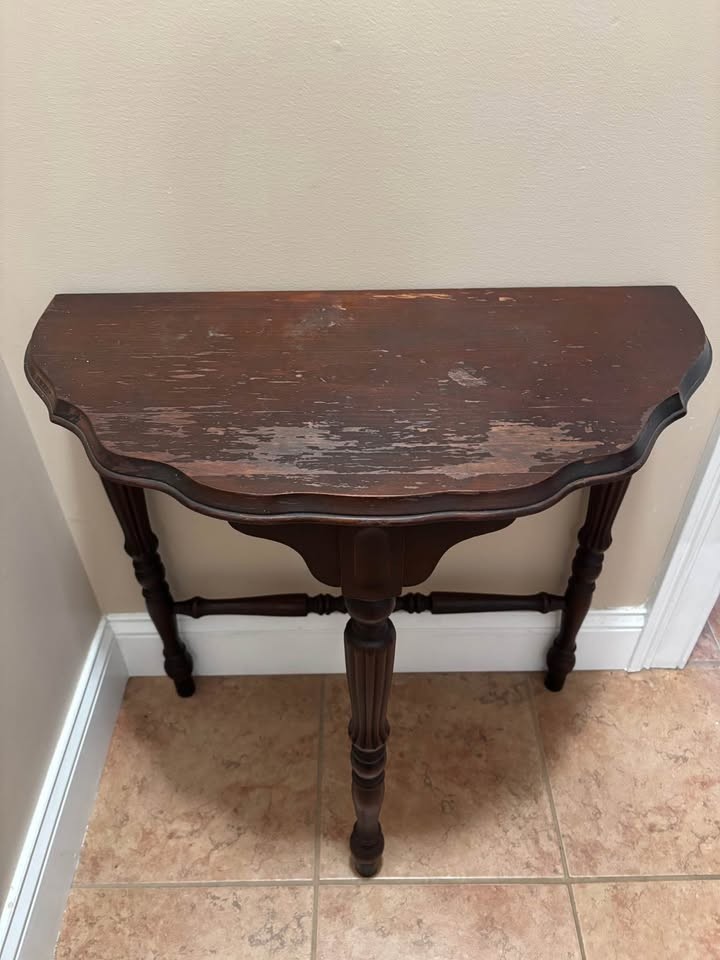 Antique Demi-Lune Console Table – Solid Wood – Distressed Top – Turned Legs