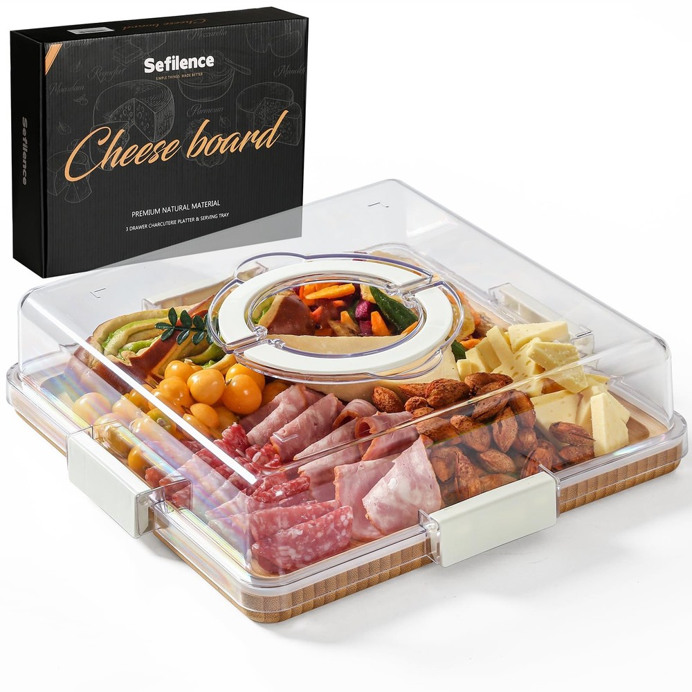 Charcuterie Board with Clear Locking Lid and Handle, Single Compartment Bamboo C