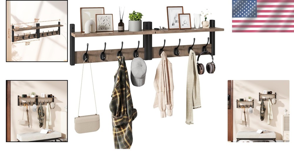 Versatile Wall Coat Hooks with Floating Shelf - 8 Hooks, 2 Pack in Silver Gray