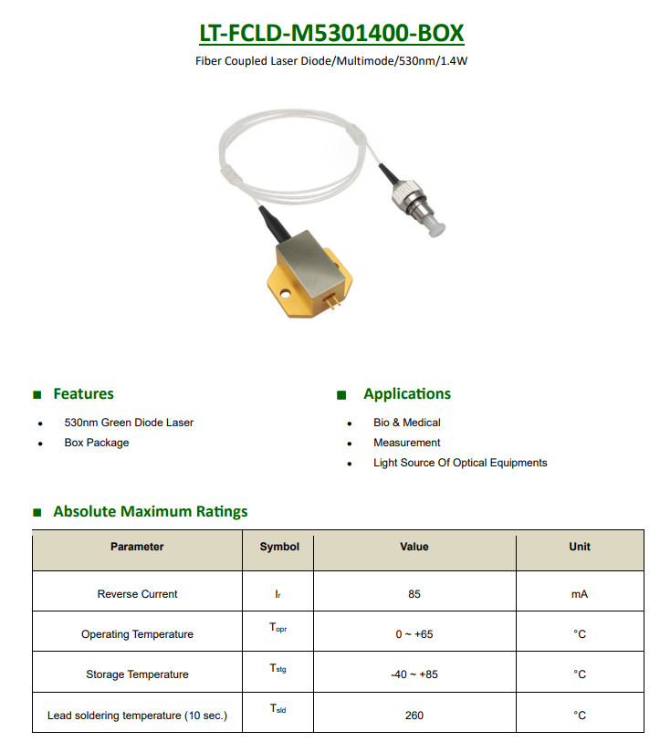 LASER TREE 530nm 1400mW MultiMode Fiber Coupled Laser Diodes