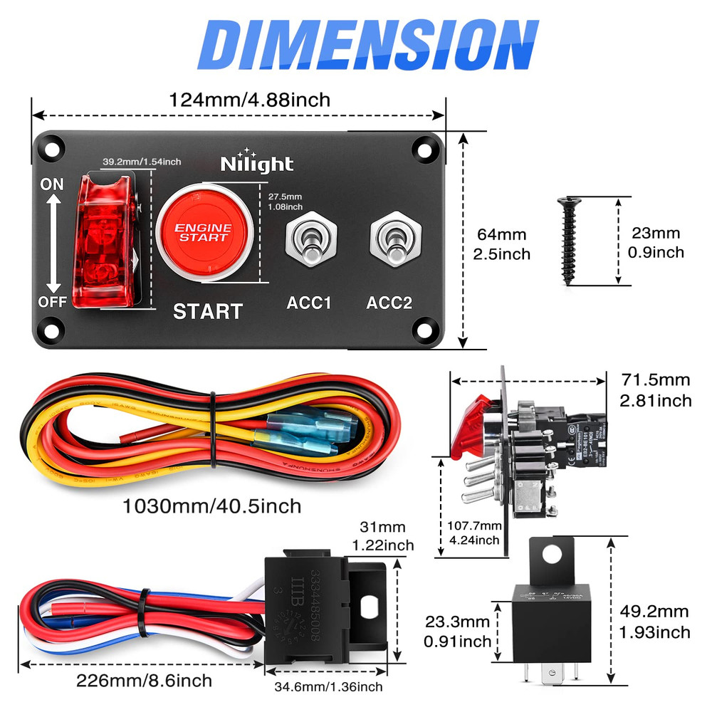 Nilight Ignition Switch Panel 12V 4 in 1 Rocker Switch with Engine Push Button T