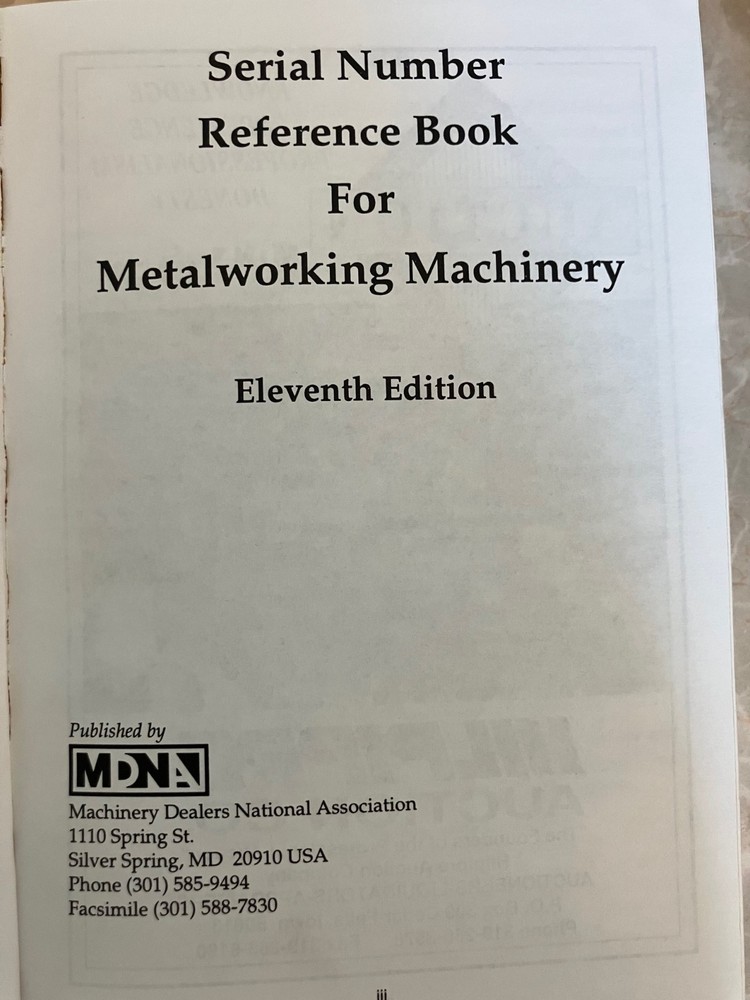 Serial Number Reference Book for Metalworking Machinery 11th Edition