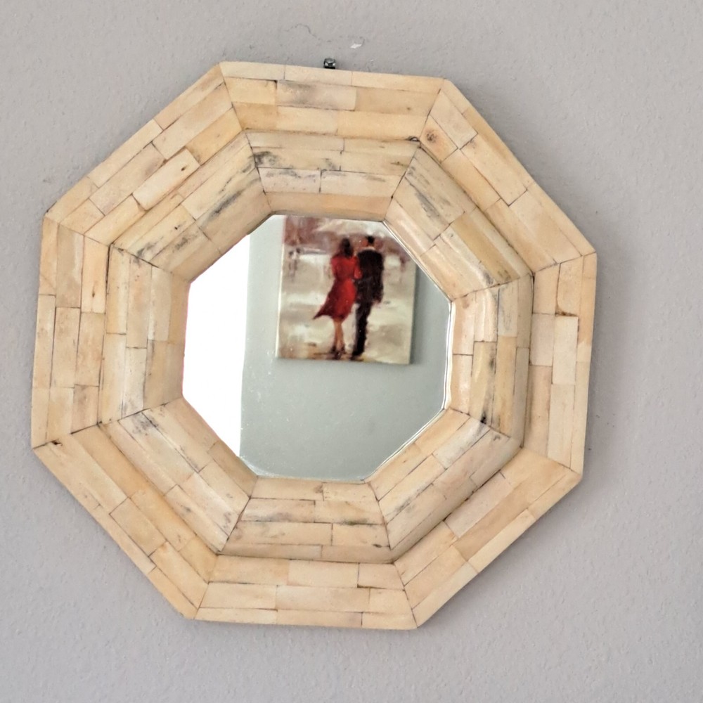 13" Vintage Octagonal Bone Inlay Wall Hanging Mirror