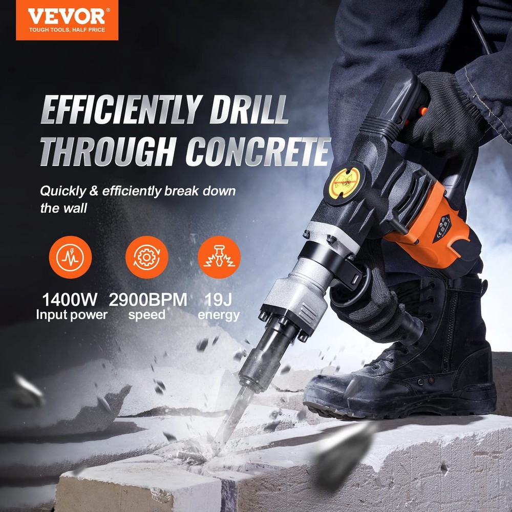 1400W Demolition Hammer with Chisel Bit Set Shock Absorbing Handle Heavy Duty