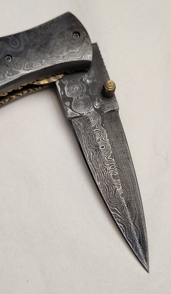 CFK Damascus Pocket Knife Ram Horn Handle
