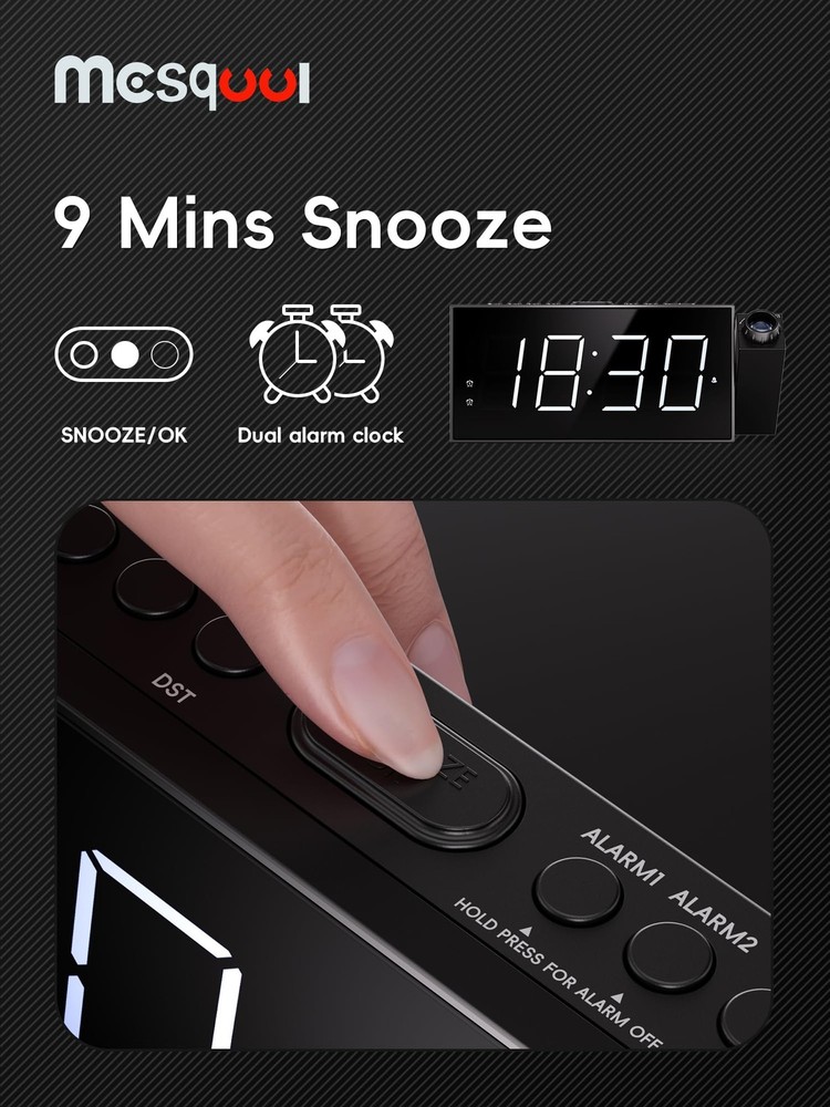 Mesqool Projection Alarm Clock Dual USB Dimmer Snooze