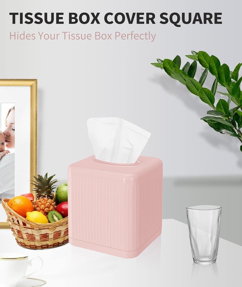 Tissue Box Cover with Base - Square Plastic Holder, Decorative Case, Modern F...
