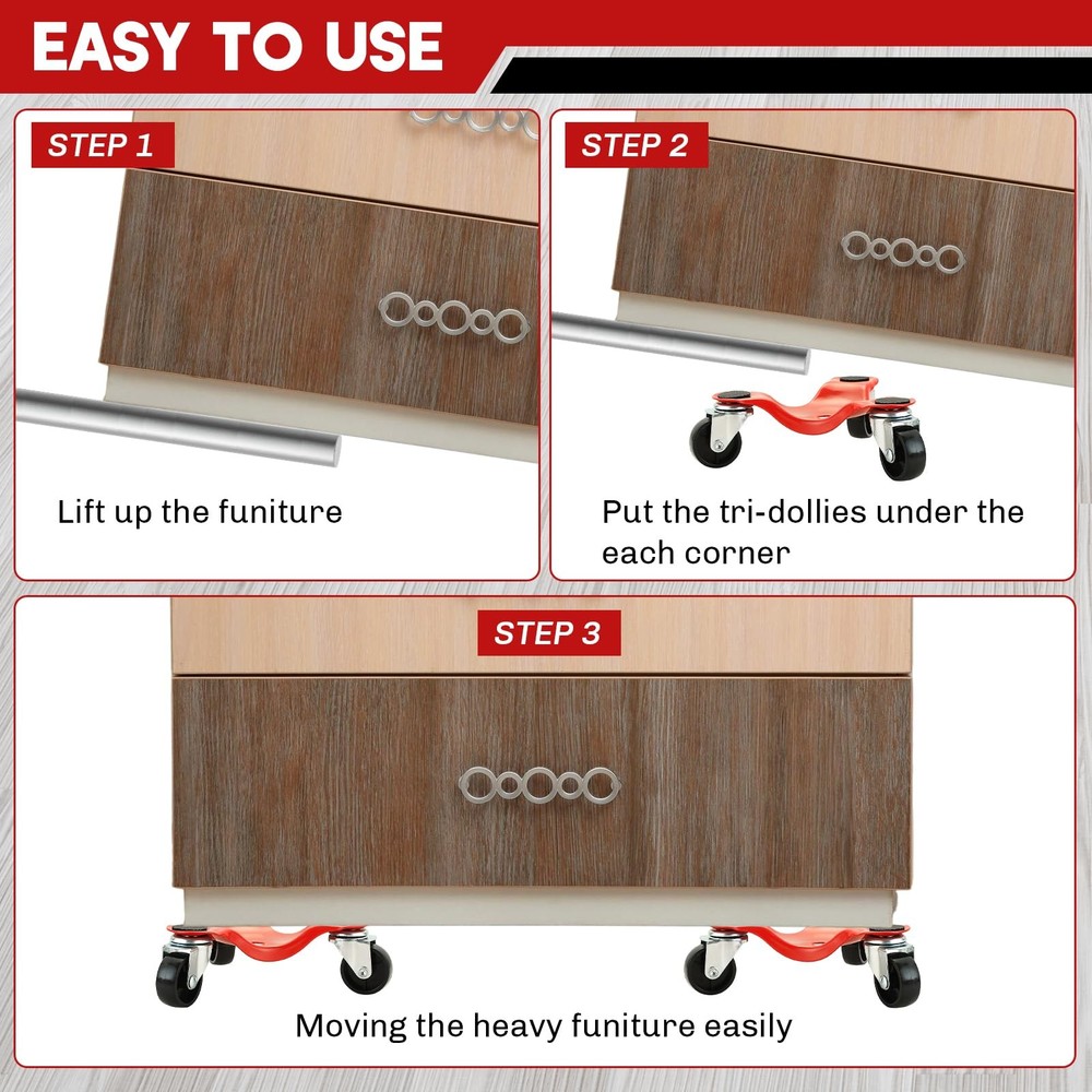 weyleity 4 Pack Steel Tri-Dolly | 220 lbs Load Capacity, 3 Wheel Silver