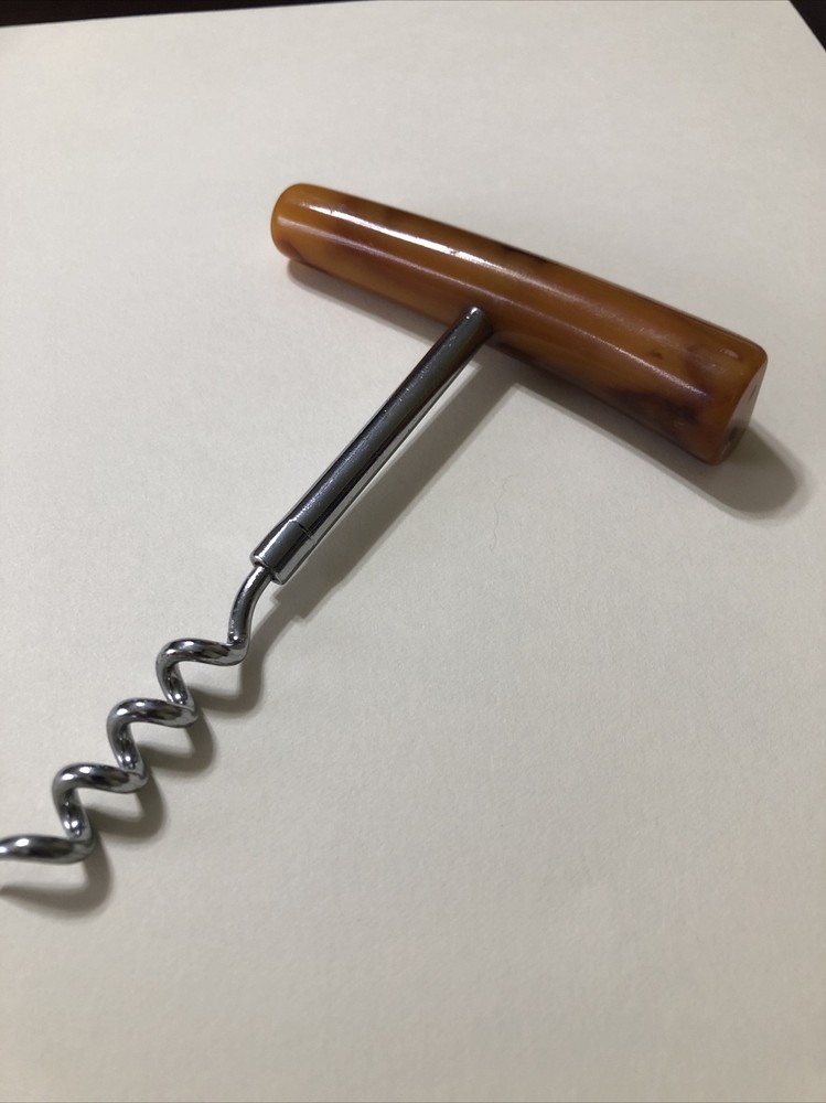 Vintage Mid Century Modern Butterscotch Bakelite Handle Corkscrew 5 X 3.75”