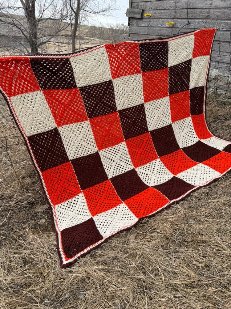 Vintage 1970s Crochet Patchwork Afghan Throw Boho Retro