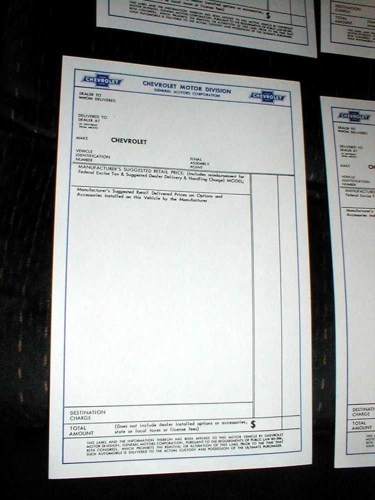 CLASSIC CHEVY WINDOW BUILD SHEETS VINTAGE CAR