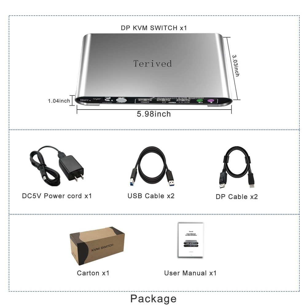 Terived 2 Port DP USB 3.0 Automatic KVM Switch Two Computers 1 DisplayPort Mo...