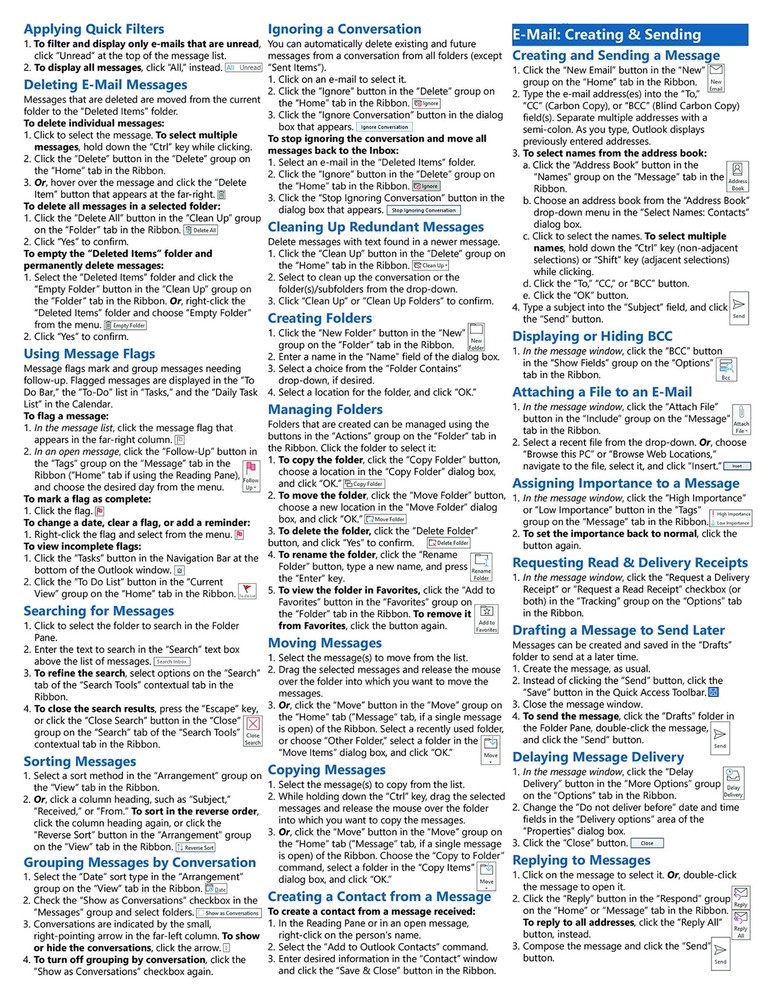 Outlook 2019 Training Guide Quick Reference Card 4 Page Cheat Sheet Instructions