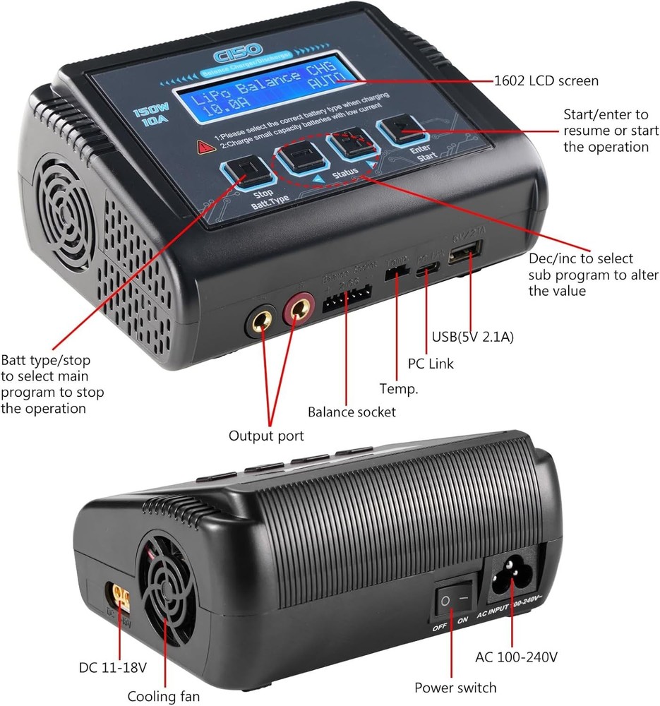 High-Powered 10A RC Balance Battery Charger - Multi-Connector for Versatile Use