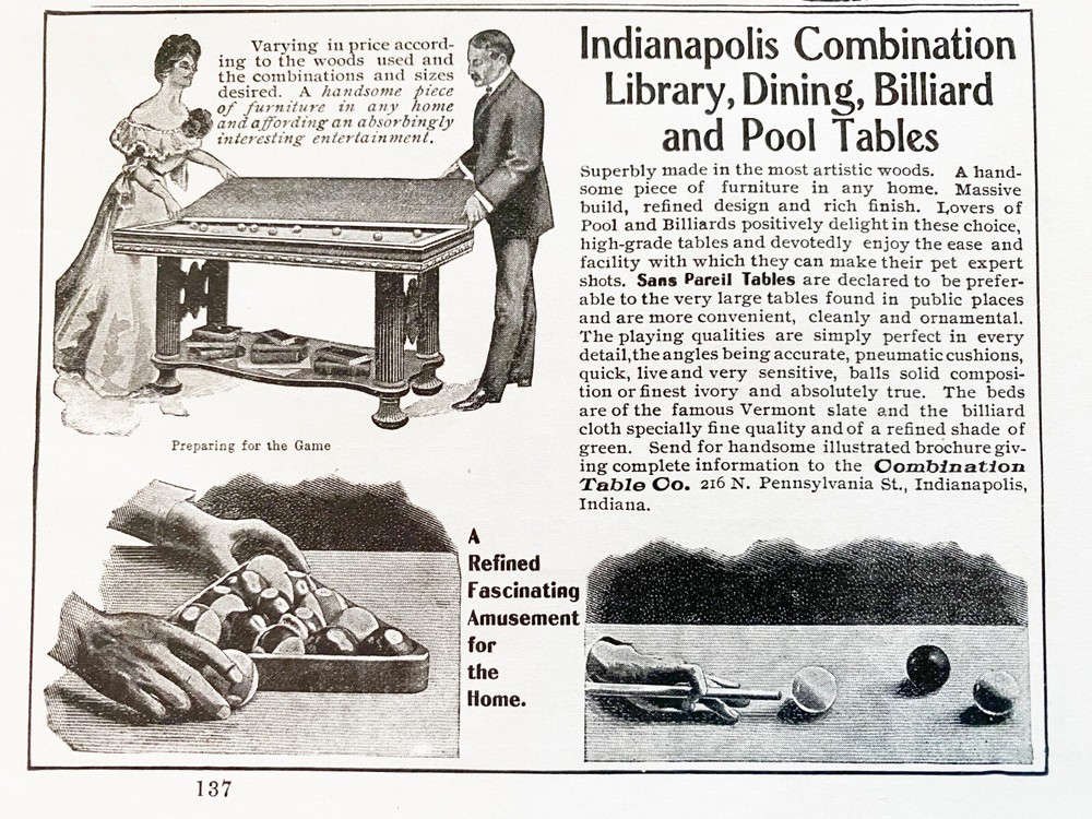 Indianapolis,Ind.Combination Library,Dining,Billiard,Pool Table Co 1900 Print Ad