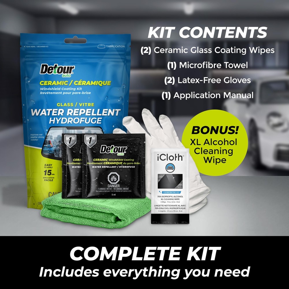 Detour Ceramic Windshield Coating Kit - Long-Lasting Water Repellent Clear