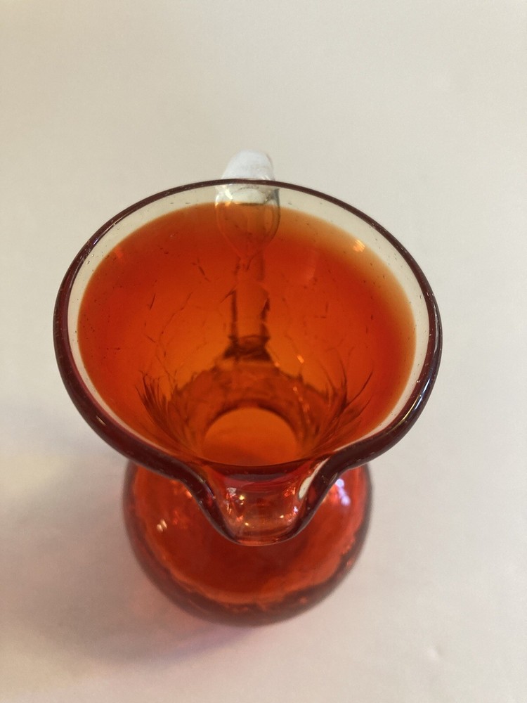 Hand Blown Orange Glass Pitcher Crackles 3.5” Tall