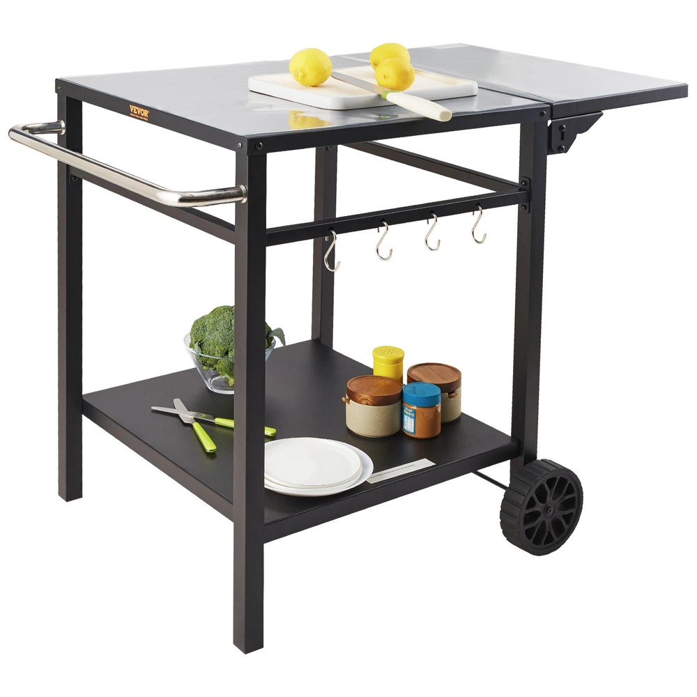 Dining Cart Table with Double-Shelf BBQ Movable Table Stainless Steel Table Top