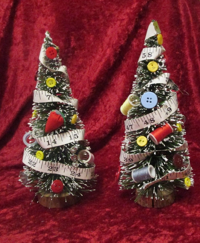 Sewing Themed Christmas Trees 8" decorated bottlebrush, buttons, thread, more
