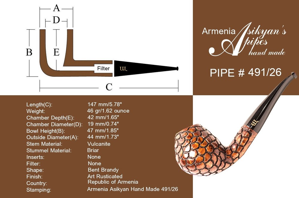 Asikyan Pipe 491/26 Bent Brandy Art Rusticated Hand Made