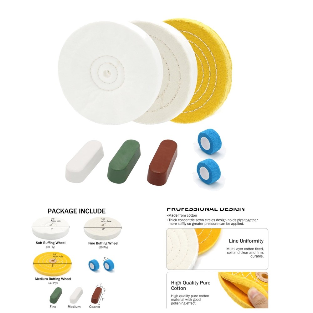 8-Inch Multifunctional Buffing Kit with Soft, Fine, Medium Wheels for Polishing