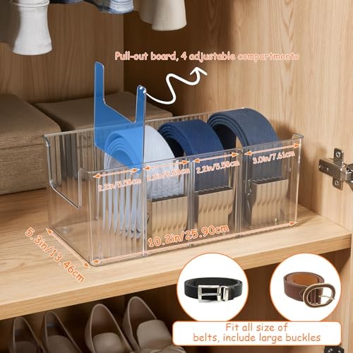 Belt Organizer, 2 Pack Acrylic 4 Adjustable Compartments Belt Holder for