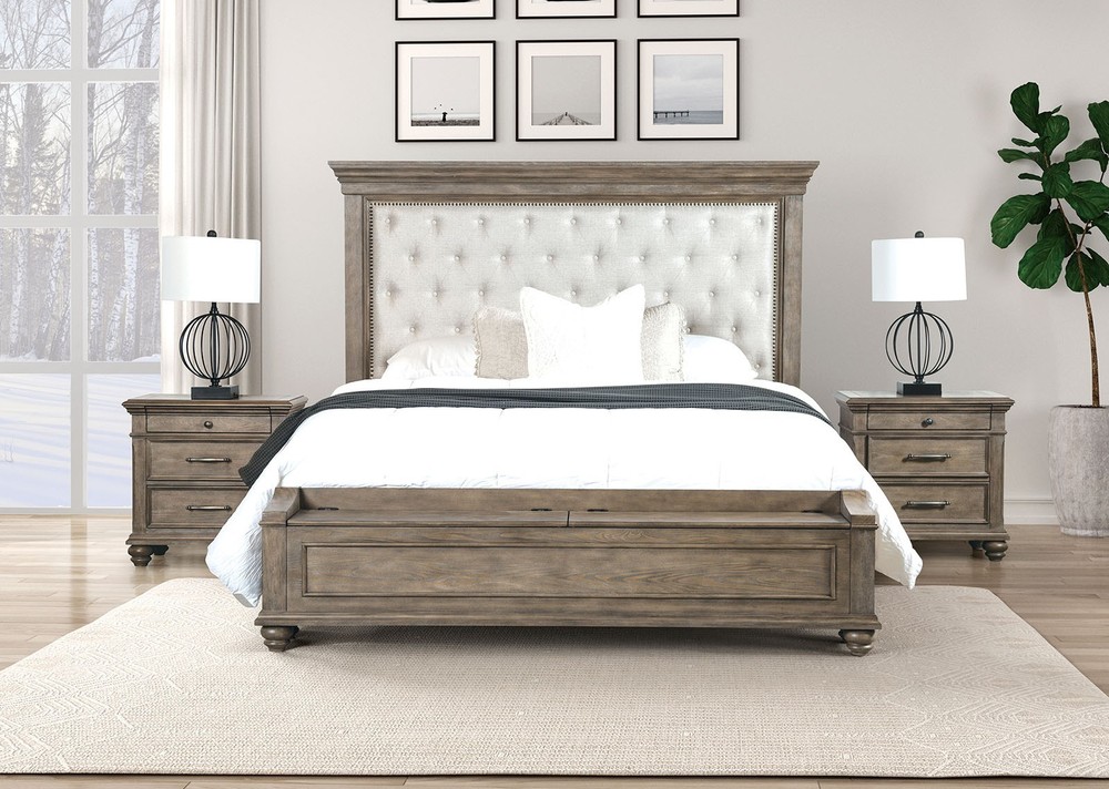 Transitional Easters King Size 1pc Bed Set Footboard Storage Padded Headboard