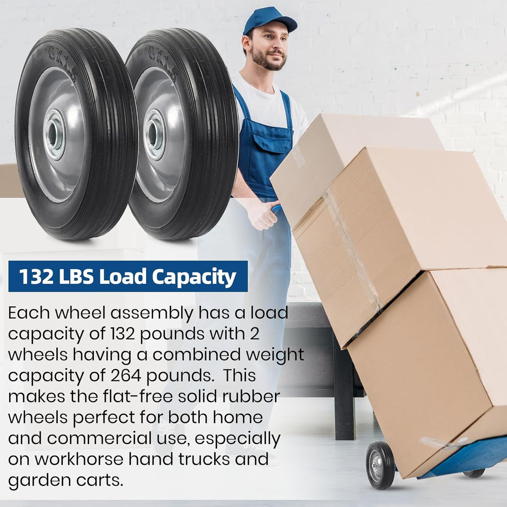 (2-Pack) 6” X 1.5” Flat Free Solid Rubber Wheel Assemblies - Replacement Hand T