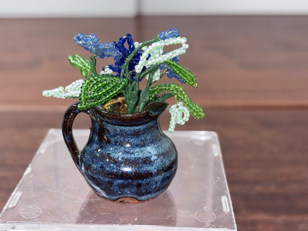 Mini Beaded Flowers In Blue/Brown Pottery Pot