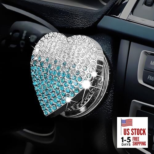 Bling Car Engine Start Button Cover, Cute Heart Shape Diamond Gradient blue