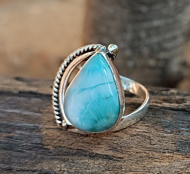 Solid 925 Sterling Silver Natural Larimar Pear Gemstone Twisted Rope Band Ring