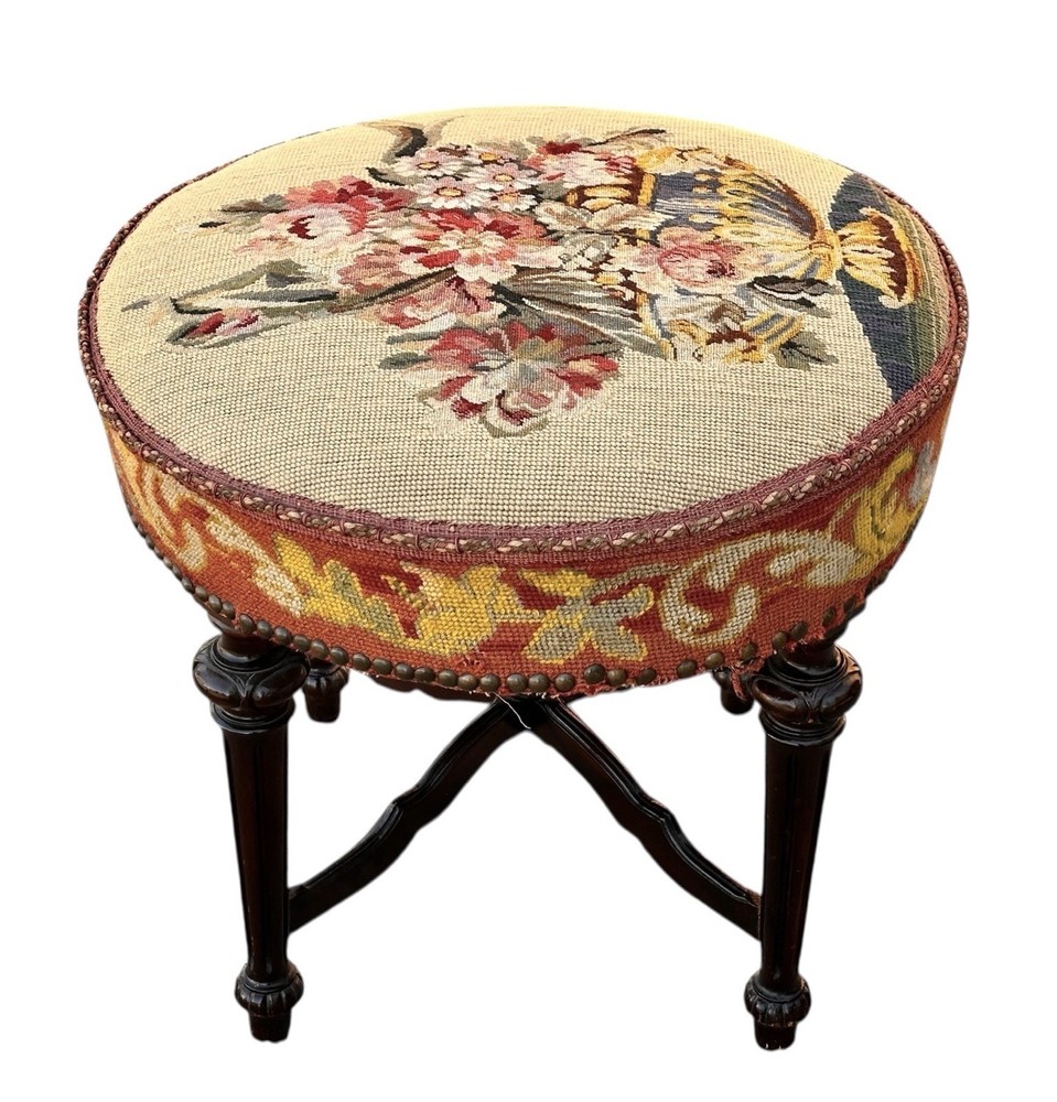 Antique Stool with Needlepoint Floral