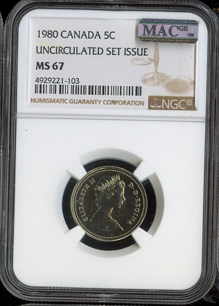 1980 Canada 5 Cents 5C NGC MS67 MAC - Quality