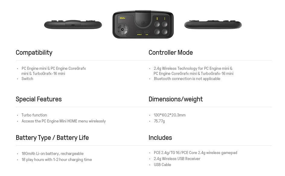 8Bitdo PCE 2.4G/TG 16/PCE Core 2.4G Wireless Gamepad Controller For Switch