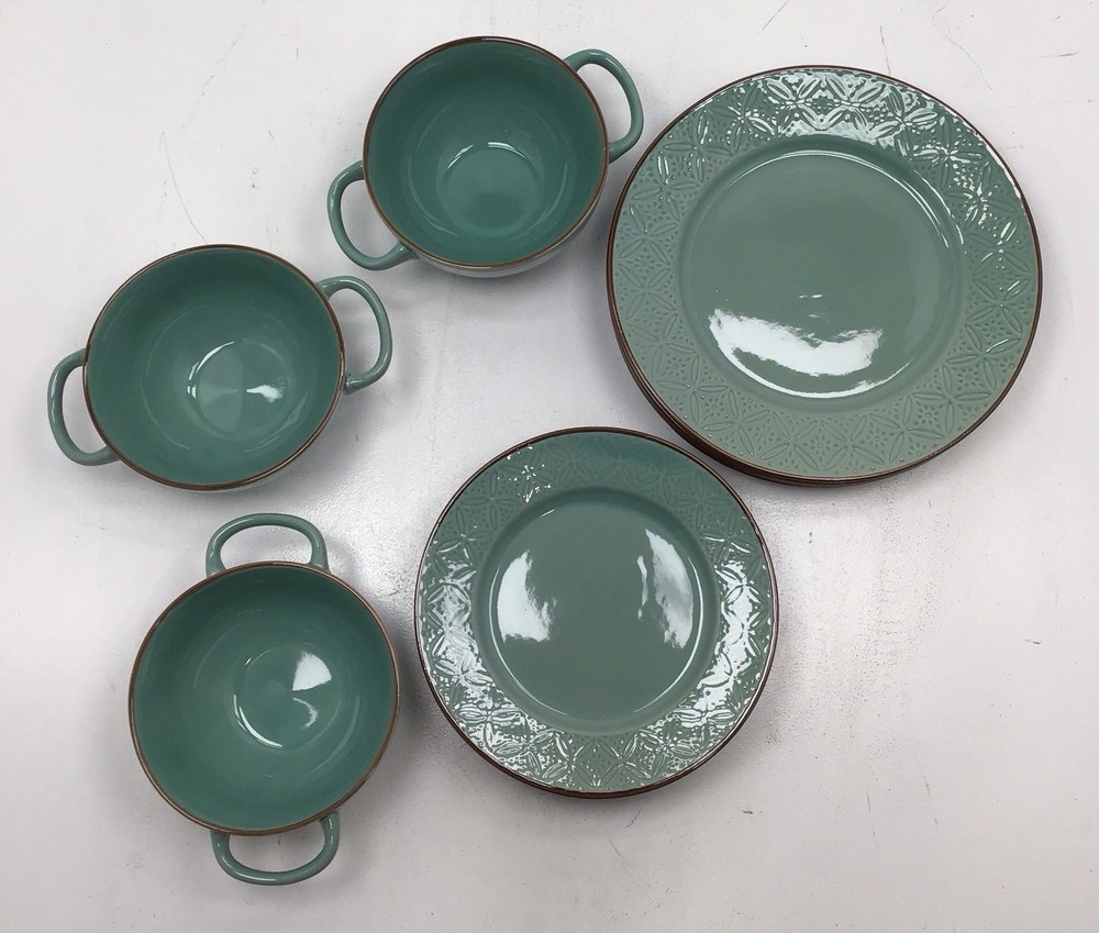 Pfaltzgraff Kori 12 Piece Dinnerware Set with Double Handled Bowl Sage Open Box