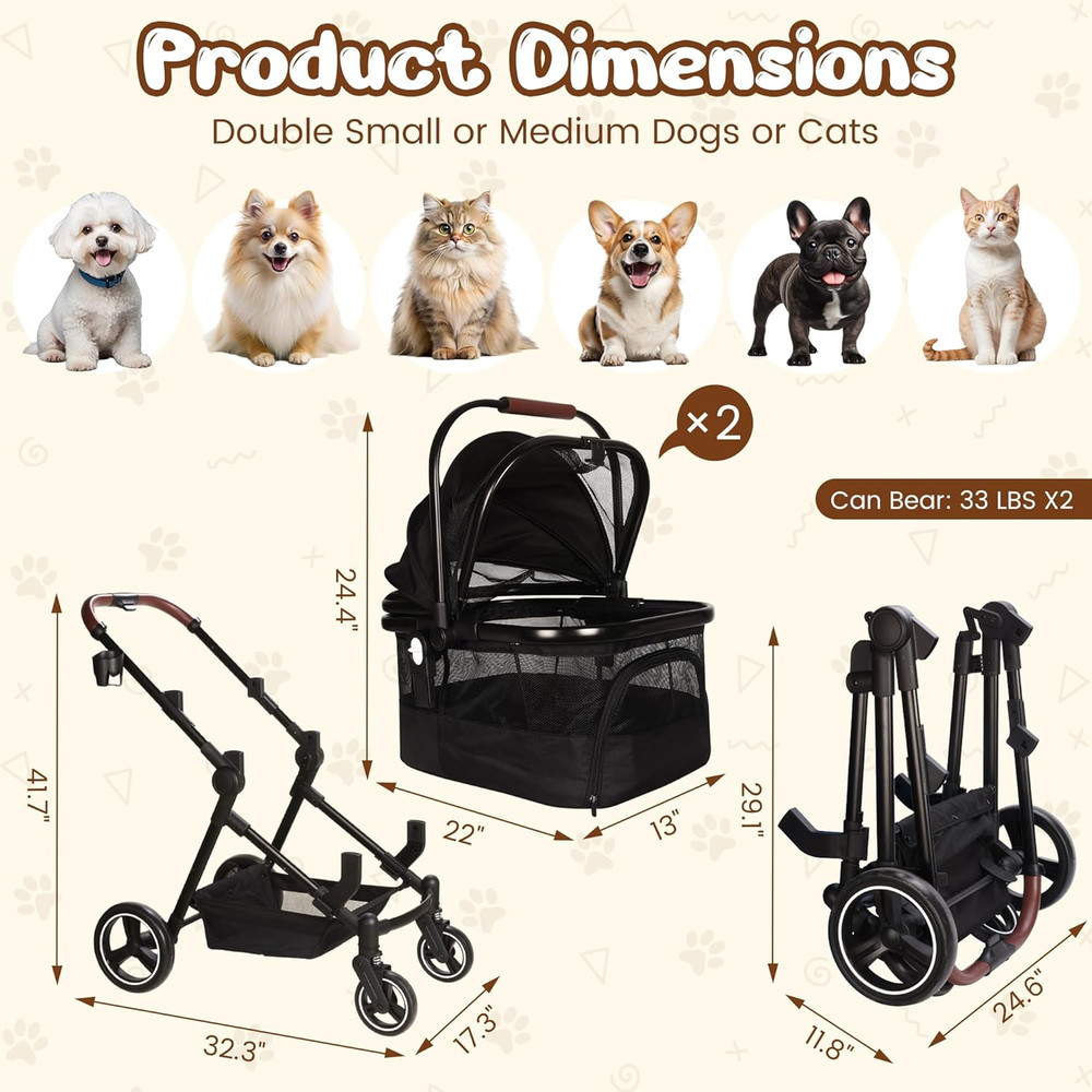 Foldable Double Pet Stroller for 2 Small Medium Cats Dogs, Lightweight Single an